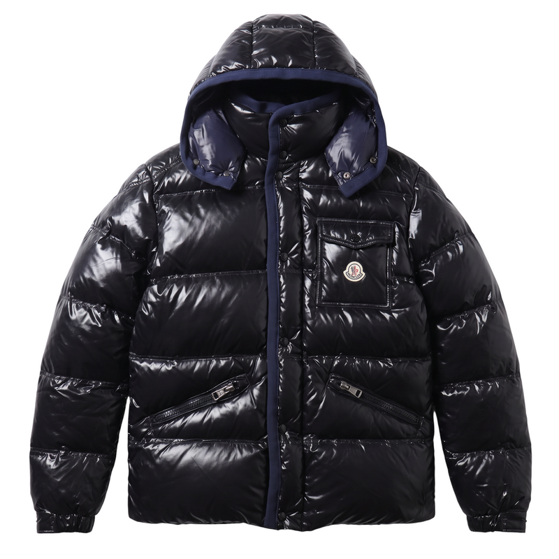 NISHIKINO VINTAGE KYOTOのMONCLER K2ダウンジャケット。光沢のある黒のナイロン素材で、フード付きのメンズモデル。