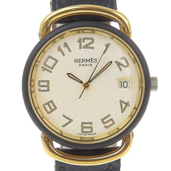 [Hermes] Hermes Purman Watch 스테인리스 스틸 X 골드 도금 X 가죽 골드 Z- 구식 쿼츠 아날로그 디스플레이 화이트 다이얼 풀만 남성