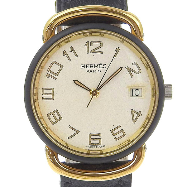 [Hermes] Hermes Purman Watch en acier inoxydable X Platage d'or x cuir or z-graved quartz Affichage analogique