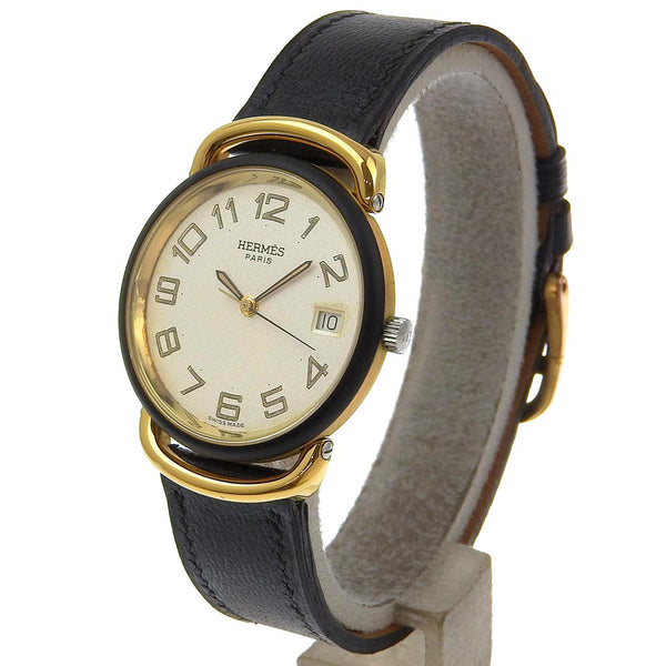 [Hermes] Hermes Purman Watch Acero inoxidable x chapado de oro x cuero dorado z