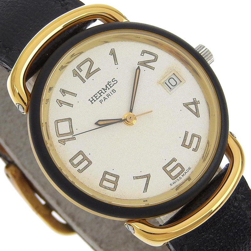 [Hermes] Hermes Purman Watch Acero inoxidable x chapado de oro x cuero dorado z