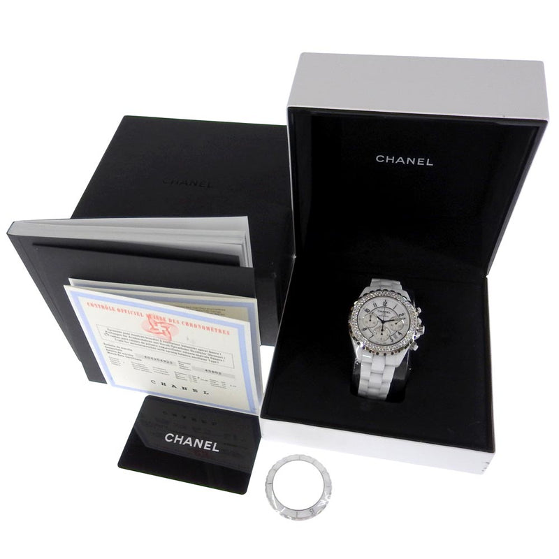 【CHANEL】シャネル
 J12 腕時計
 アフターダイヤベゼル H1007 ホワイトセラミック×ダイヤモンド 自動巻き クロノグラフ 白文字盤 J12 メンズAランク