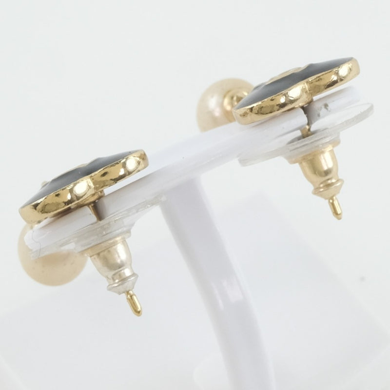 [CHANEL] Chanel Coco Mark/Heart Earrings Gold Plating x Fake Pearl Black 04A engraved Ladies Earrings
