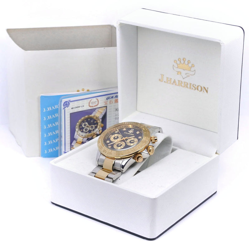 【J.HARRISON】ジョン・ハリソン
 クロノグラフ JH-014 腕時計
 ステンレススチール×ダイヤモンド シルバー 自動巻き クロノグラフ メンズ 黒文字盤 腕時計