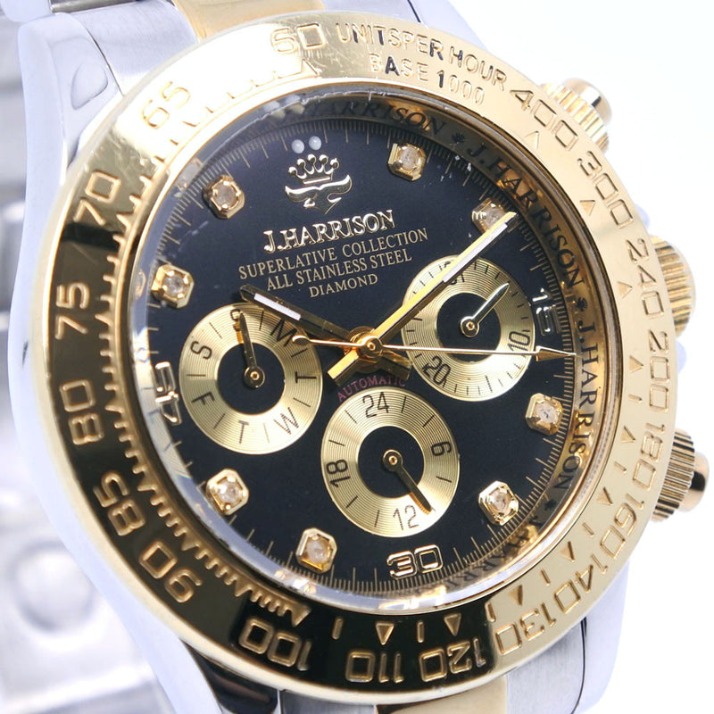 【J.HARRISON】ジョン・ハリソン
 クロノグラフ JH-014 腕時計
 ステンレススチール×ダイヤモンド シルバー 自動巻き クロノグラフ メンズ 黒文字盤 腕時計