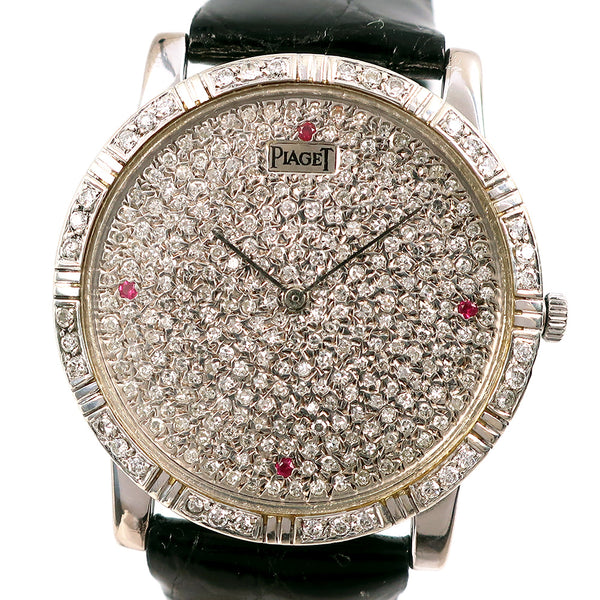 【PIAGET】ピアジェ
 アフターダイヤモンド 84023 K18ホワイトゴールド×レザー クオーツ アナログ表示 メンズ 青文字盤 腕時計