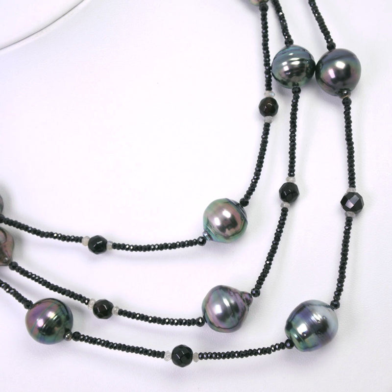 真珠13ｍｍ ブラックパール（黒蝶真珠）×オニキス×シルバー925 レディース ネックレス