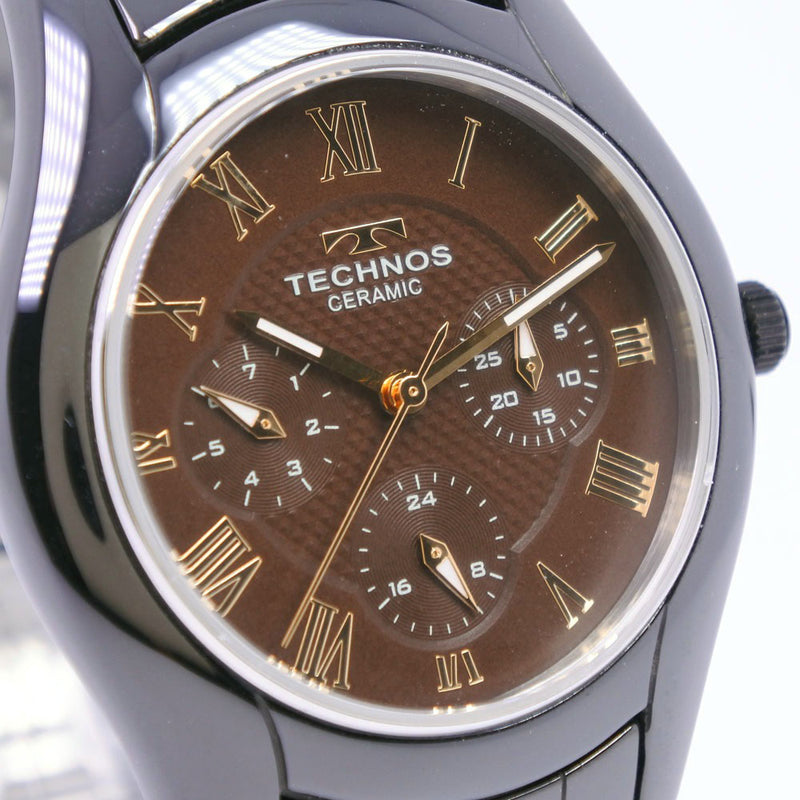 【TECHNOS】テクノス
 腕時計
 T9505 ステンレススチール×セラミック ブラック クオーツ ブラウン文字盤 メンズAランク