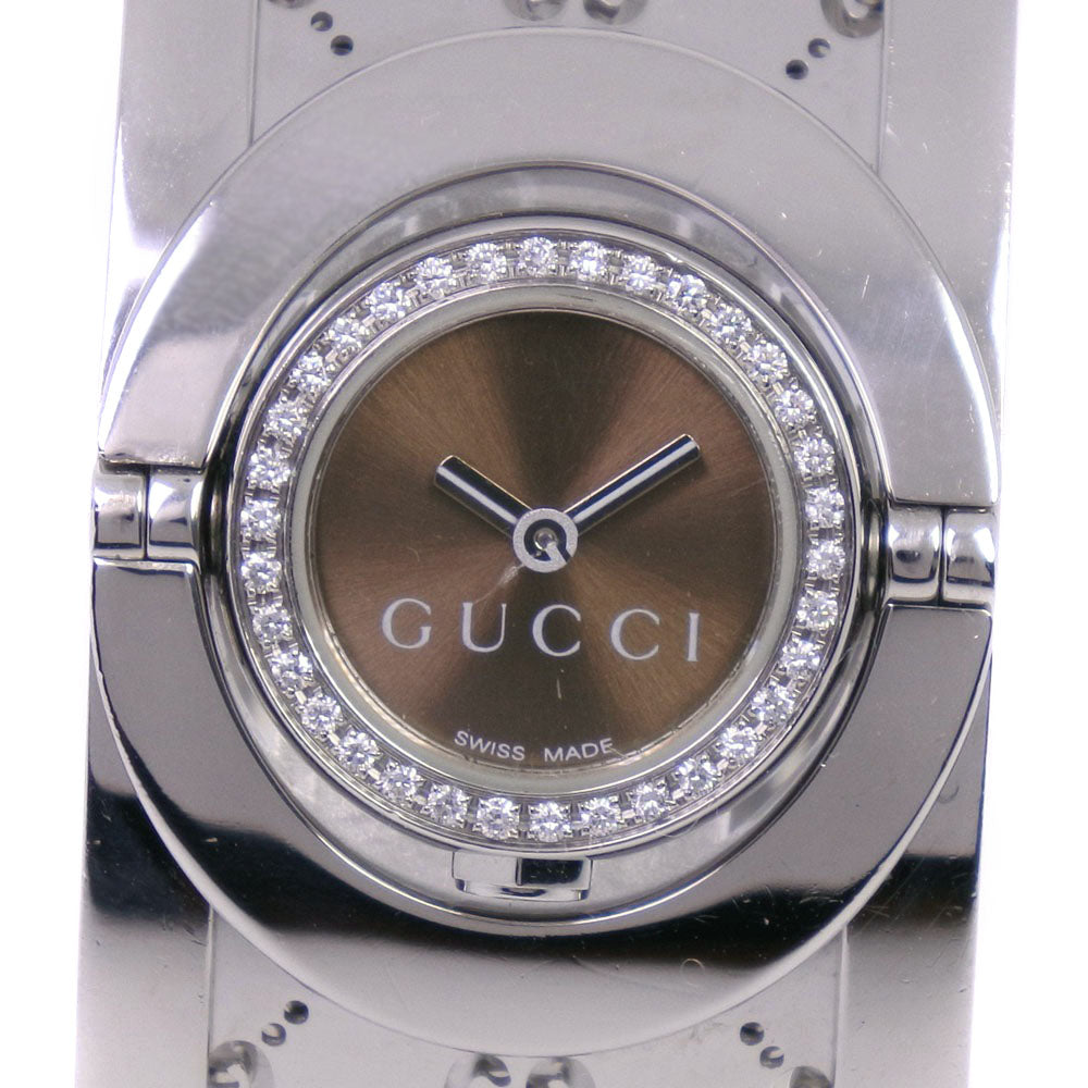 【GUCCI】グッチ, トワール ダイヤベゼル 112 YA112415 腕時計, ステンレススチール×ダイヤモンド クオーツ レディース  ブラウン文字盤 腕時計