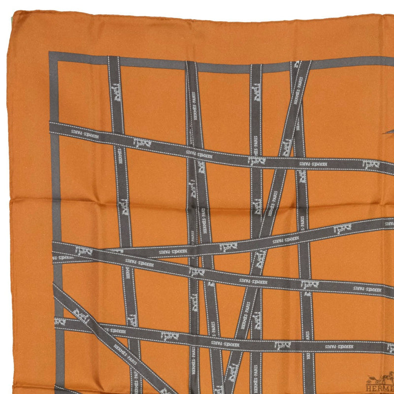 Bolduc Hermes Silk Scarf Orange & Brown 90cm Twill