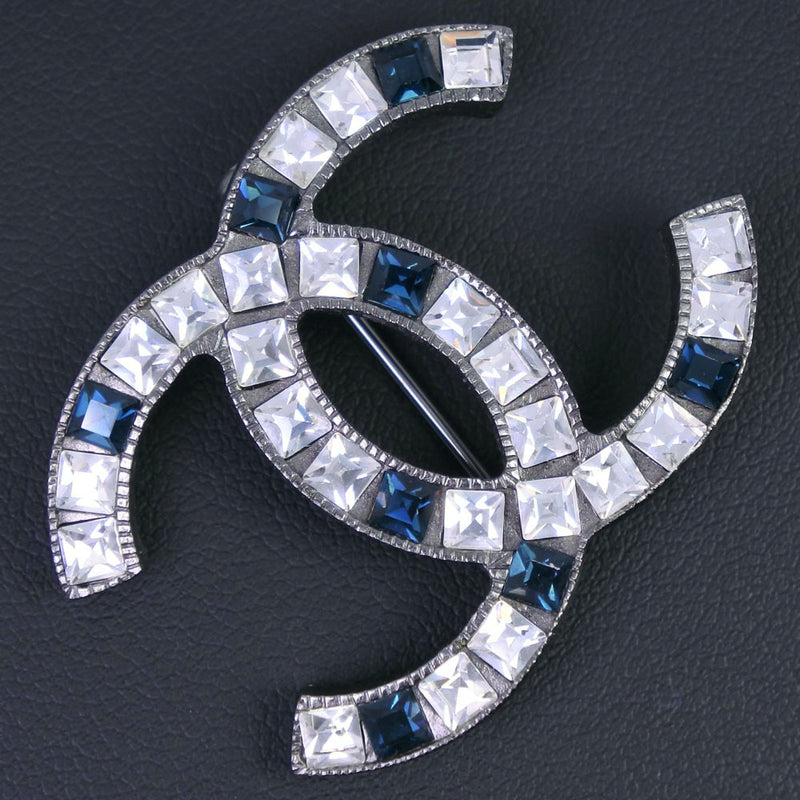 [CHANEL] Chanel Coco Mark Blue Stone Broach Rhinestone x Metal Material Silver 05P Radius Broach A-Rank