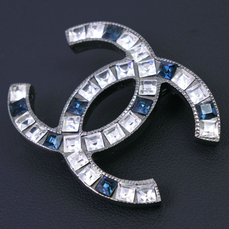 [CHANEL] Chanel Coco Mark Blue Stone Broach Rhinestone x Metal Material Silver 05P Radius Broach A-Rank