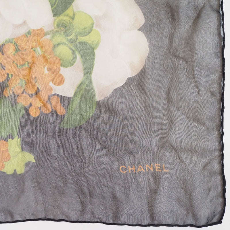 [CHANEL] Chanel Flower Pattern Silk Black Ladies Scarf A Rank