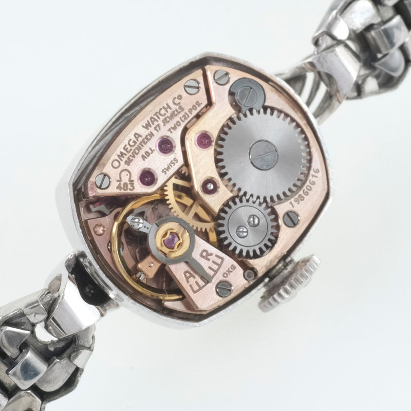 【OMEGA】オメガ
 アンティーク cal.483 腕時計
 K14ホワイトゴールド×ダイヤモンド 手巻き レディース シルバー文字盤 腕時計