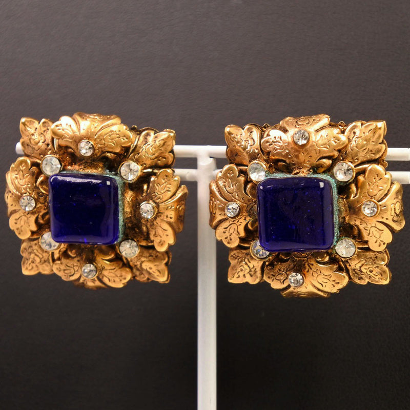[Chanel] Chanel Vintage Parring Gold Plating x diamantes de diario diario x azul de piedra azul 95a aretes de damas grabadas a-rank