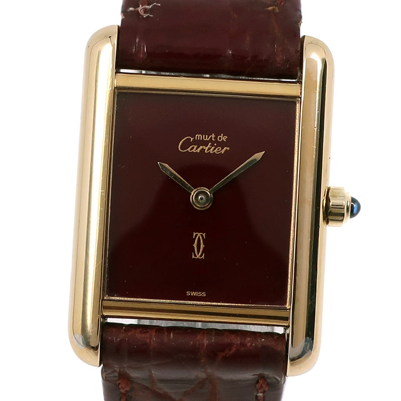 【CARTIER】カルティエ
 マストタンク ヴェルメイユ シルバー925×レザー クオーツ アナログ表示 レディース ボルドー文字盤 腕時計