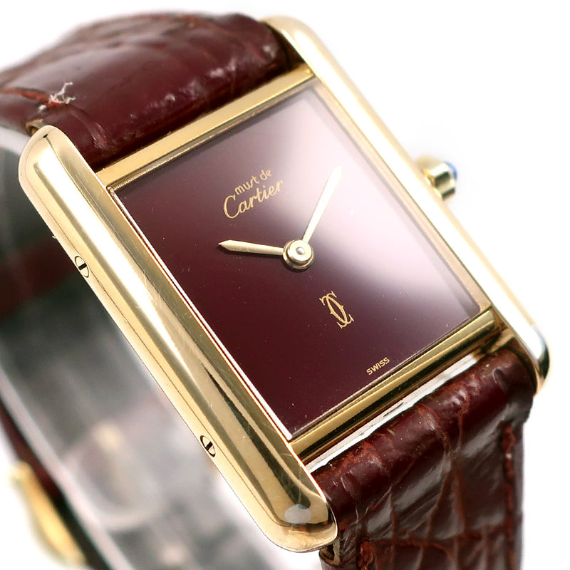 [Cartier] Cartier Mast Tank Vermille Silver 925 × Leather Quartz Analog Display Ladies Bordeaux Dial Watch