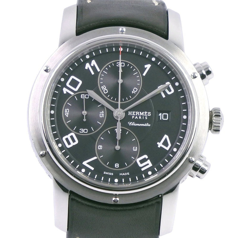 【HERMES】エルメス クリッパー CL2.910 ステンレススチール×レザー シルバー クオーツ クロノグラフ メンズ 黒文字盤 腕時計