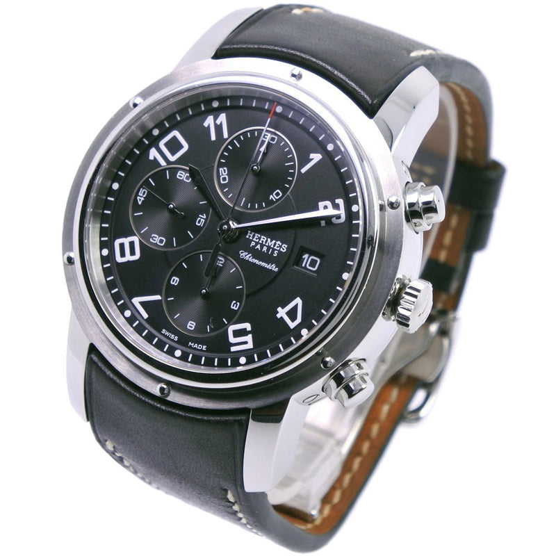 【HERMES】エルメス クリッパー CL2.910 ステンレススチール×レザー シルバー クオーツ クロノグラフ メンズ 黒文字盤 腕時計