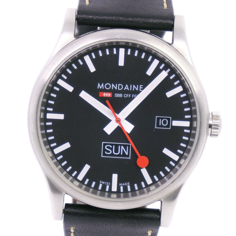 【MONDAINE】モンディーン
 Sports Line (スポーツライン) 腕時計
 ステンレススチール×レザー クオーツ メンズ ブラック文字盤 腕時計
