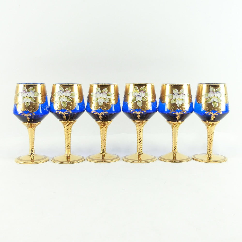 ベネチアングラス 6客 ワイングラス ブルー 金彩 花 食器, 食器