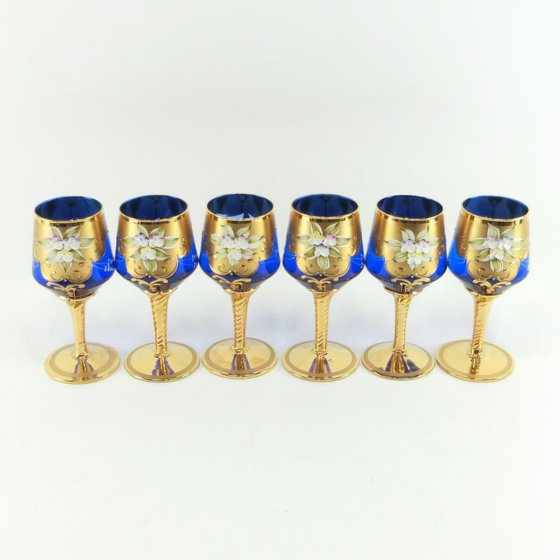 威尼斯玻璃6客户酒杯蓝色金色花餐具