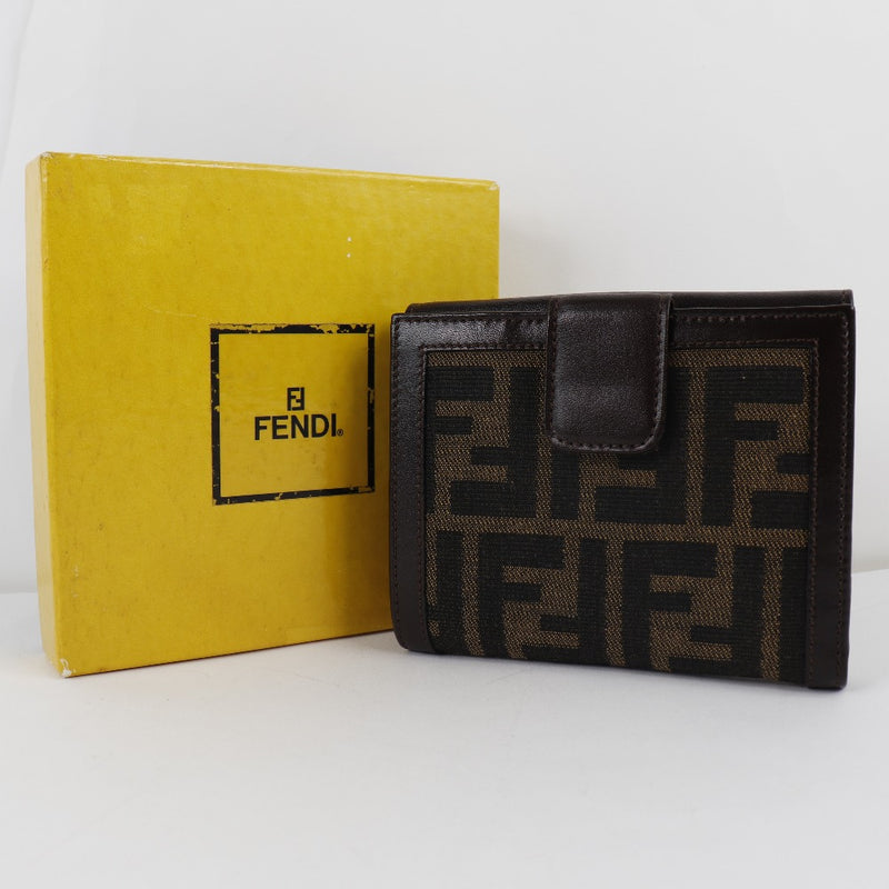【FENDI】フェンディ
 二つ折り財布
 ズッカ キャンバス×カーフ ブラウン スナップボタン レディースAランク