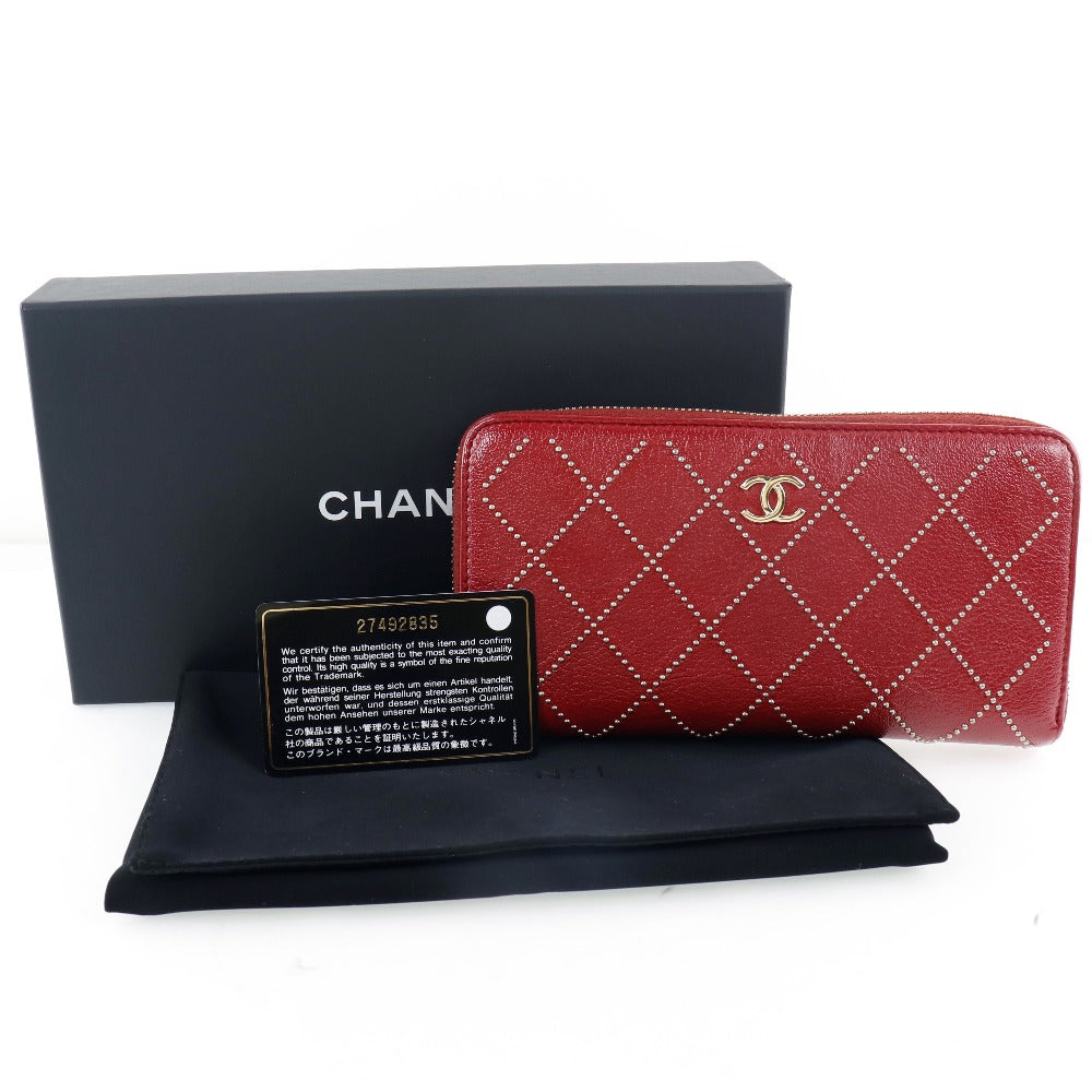 CHANEL】シャネル ラウンドファスナー マトラッセ 長財布 カーフ 赤