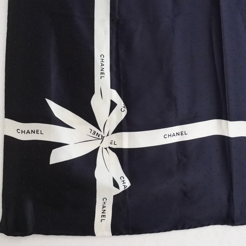 CHANEL] Chanel Ribbon scarf Silk Black/White Ladies Scarf A-rank