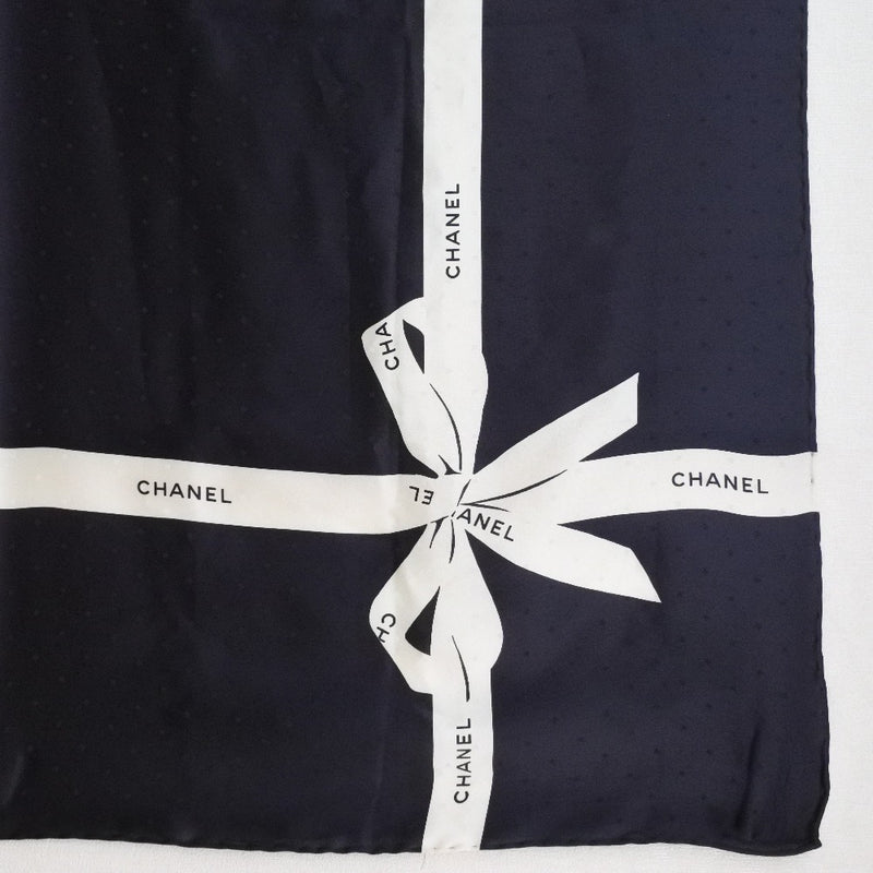 【CHANEL】シャネル
 リボン スカーフ
 シルク 黒/白 レディース スカーフ
A-ランク