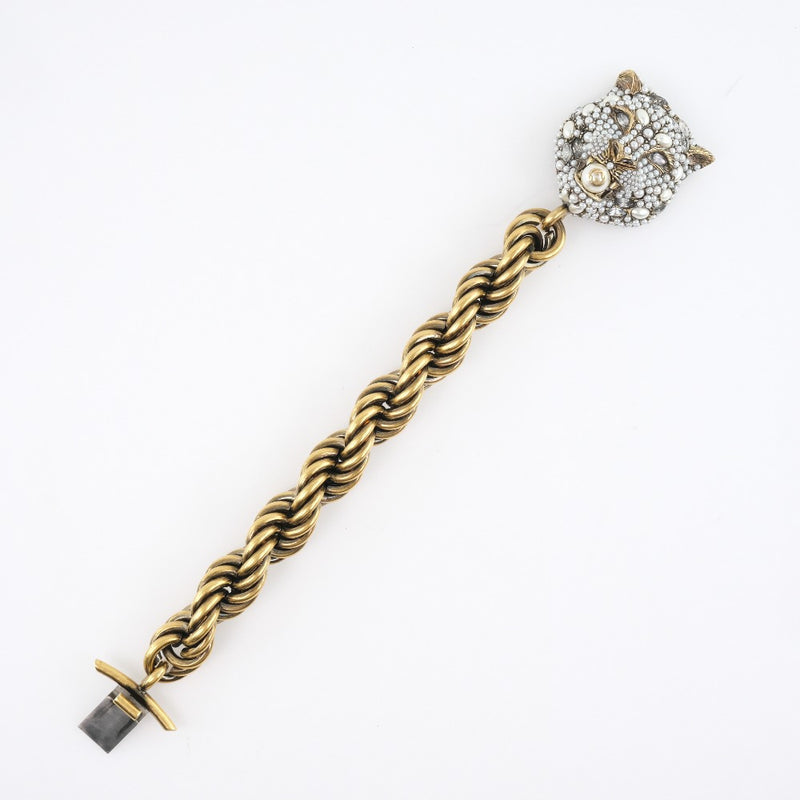 Gucci Metal Studded Feline Head Bracelet in Aged Gold