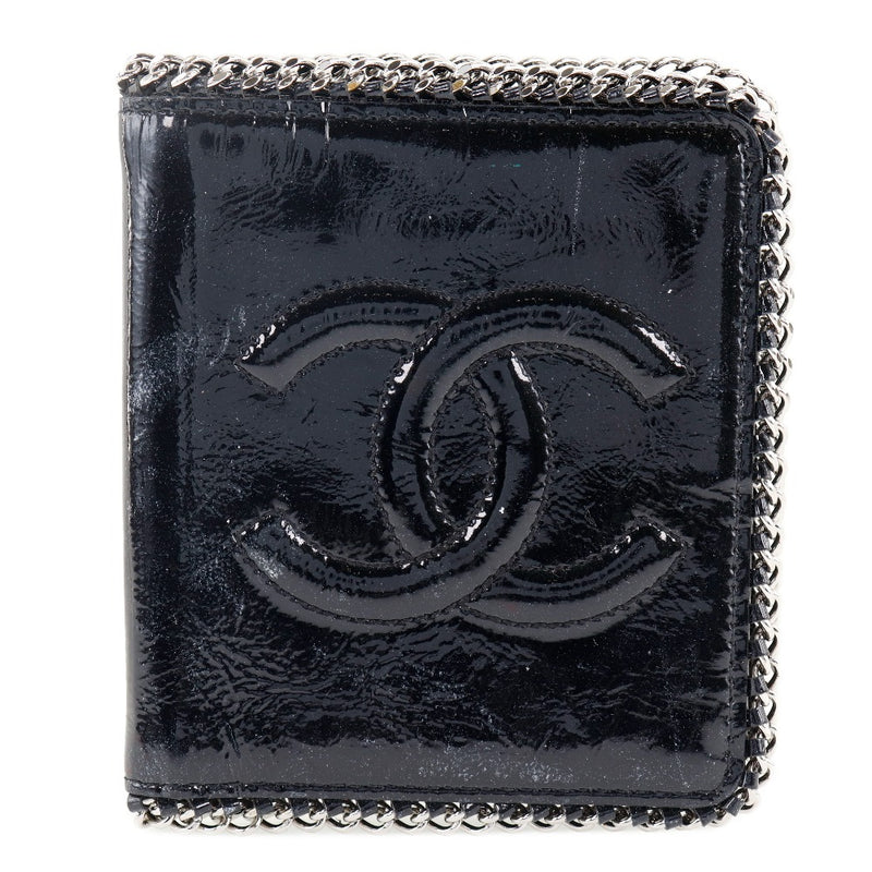 【CHANEL】シャネル
 ラグジュアリーライン ココマーク チェーン パテントレザー 黒 レディース 二つ折り財布
B-ランク