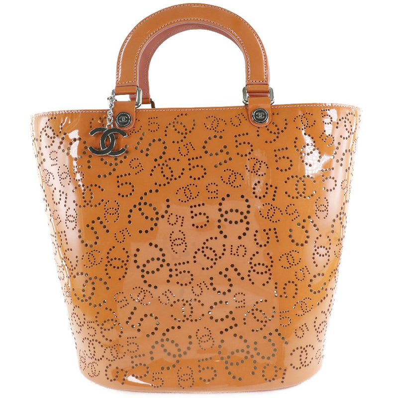 CHANEL Patent Orange Gold Leather Perforated Laser Cut CC Logo Shoulder  Tote Bag