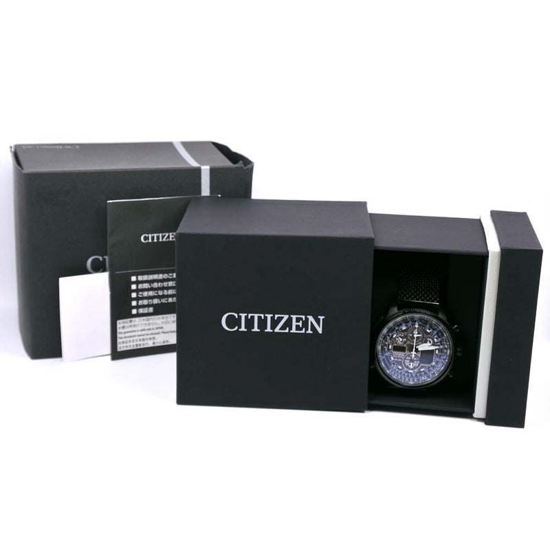 【CITIZEN】シチズン
 ナビホーク　 エコドライブ JY8037-50E ステンレススチール 黒 電波時計 クロノグラフ メンズ 黒文字盤 腕時計
A-ランク