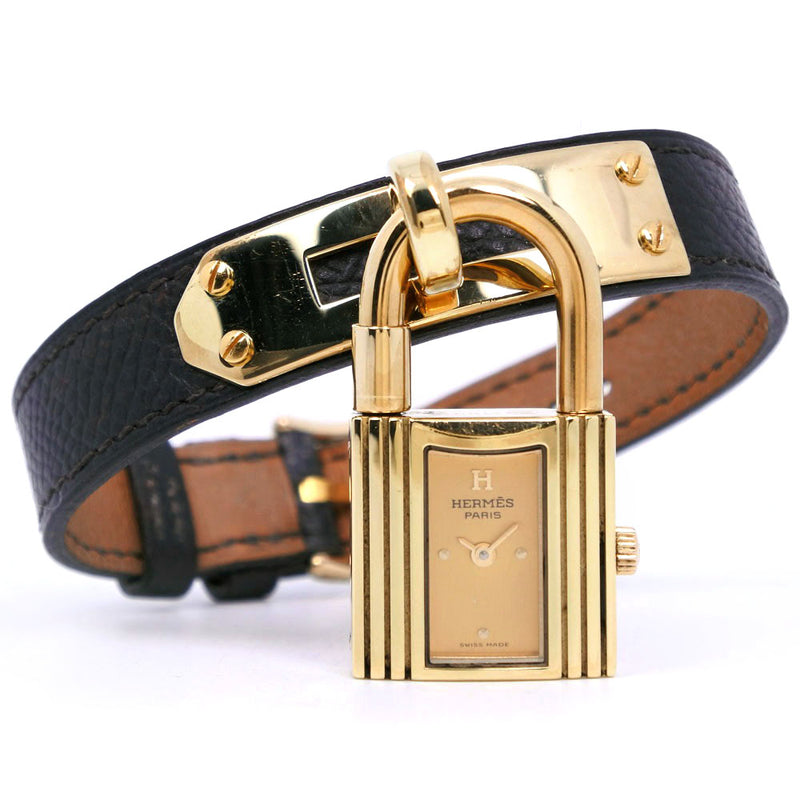 [HERMES] Hermes Kelly gold plating x leather black □ a engraved quartz analog display ladies' gold dial watch