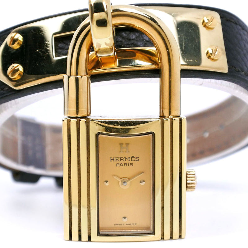 [HERMES] Hermes Kelly gold plating x leather black □ a engraved quartz analog display ladies' gold dial watch