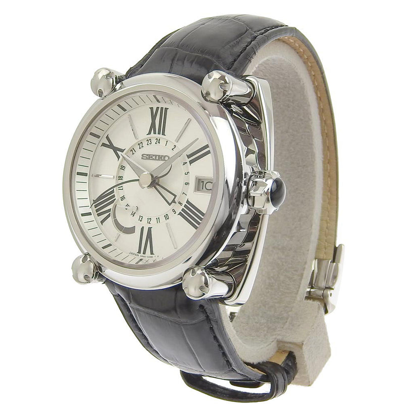 【SEIKO】セイコー
 ガランテGMT 5R66-0AC1 SBLA035 ステンレススチール×レザー 黒 スプリングドライブ パワーリザーブ メンズ 白文字盤 腕時計
Aランク