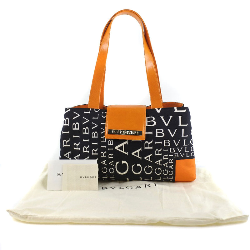 [BVLGARI] Bulgari Rectangular Logo Mania Tote Bag Leather x Nylon Canvas Black/Orange Ladies Tote Bag A+Rank