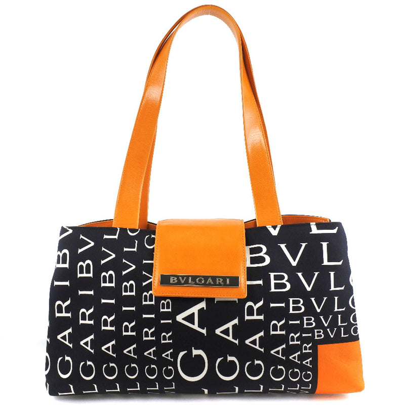 [Bvlgari] Bulgari矩形徽标躁狂手提袋皮革X尼龙帆布黑色/橙色女士手提袋A+等级