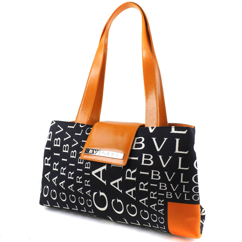 [Bvlgari] Bulgari矩形徽标躁狂手提袋皮革X尼龙帆布黑色/橙色女士手提袋A+等级