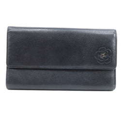 [CHANEL] Chanel Camellia Coco Mark 3 fold A46501 Ramskin Black Ladies Long Wallet B-Rank