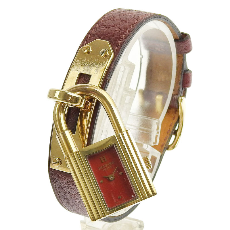 【HERMES】エルメス
 ケリーウォッチ 腕時計
 金メッキ×レザー 赤 〇Z刻印 クオーツ アナログ表示 レディース 赤文字盤 腕時計