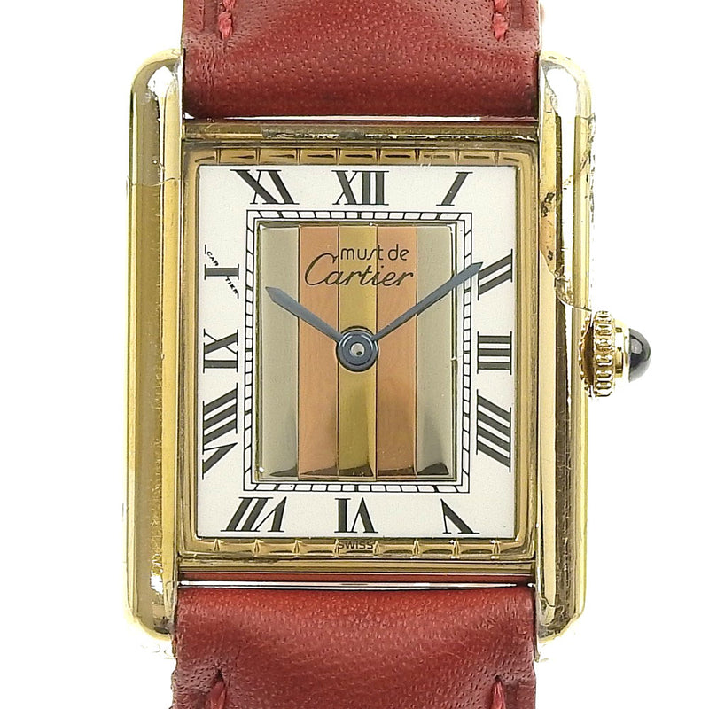 [Cartier]卡地亚坦克vermille 590005手表银925×皮革石英模拟显示女士白色拨号表手表