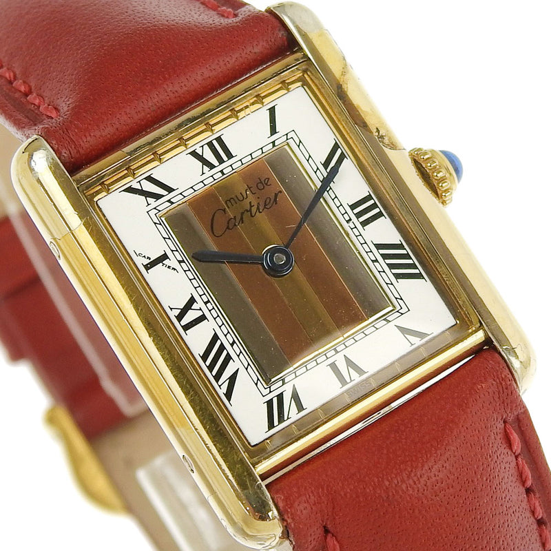[Cartier]卡地亚坦克vermille 590005手表银925×皮革石英模拟显示女士白色拨号表手表