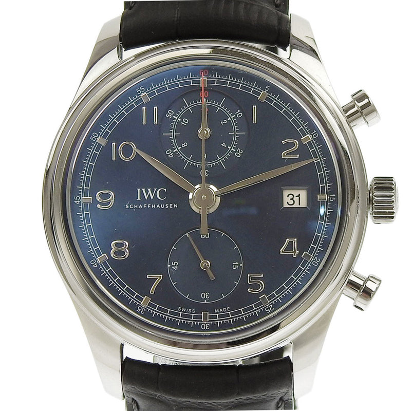 [IWC] Eye Dublyu Shafhausen Portugieze Watch World Limited 1000 IW390406不锈钢X皮革黑色自动风计时仪海军拨号盘