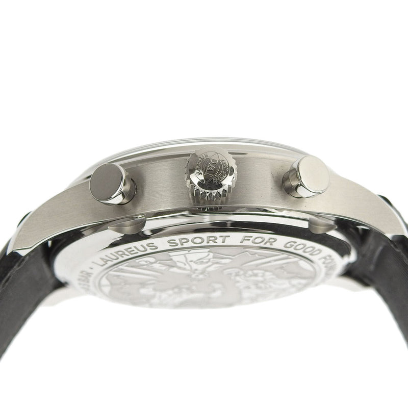 [IWC] Eye Dublyu Shafhausen Portugieze Watch World Limited 1000 IW390406不锈钢X皮革黑色自动风计时仪海军拨号盘