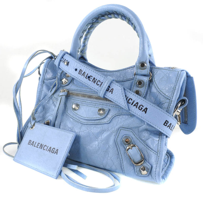 [Balenciaga] Balenciaga Classic Mini City 2way Shoulder 300295 Handbag de cuero azul claro Bolso de damas