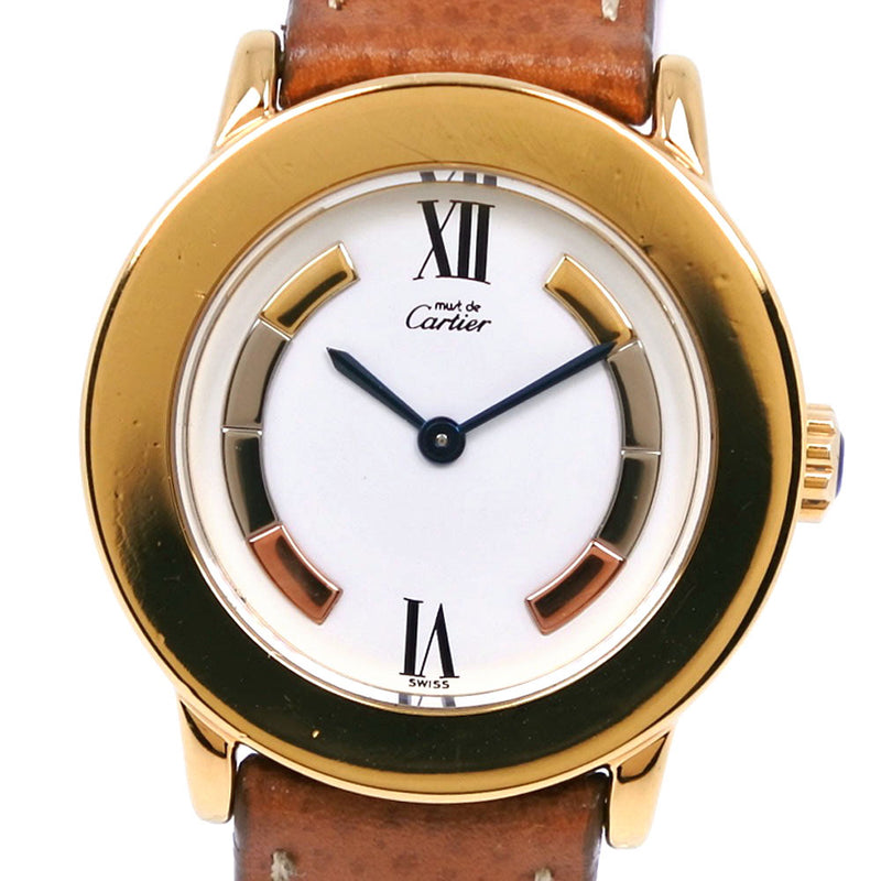 【CARTIER】カルティエ
 マスト2ロンド シルバー925×レザー 茶 クオーツ アナログ表示 レディース 白文字盤 腕時計
A-ランク