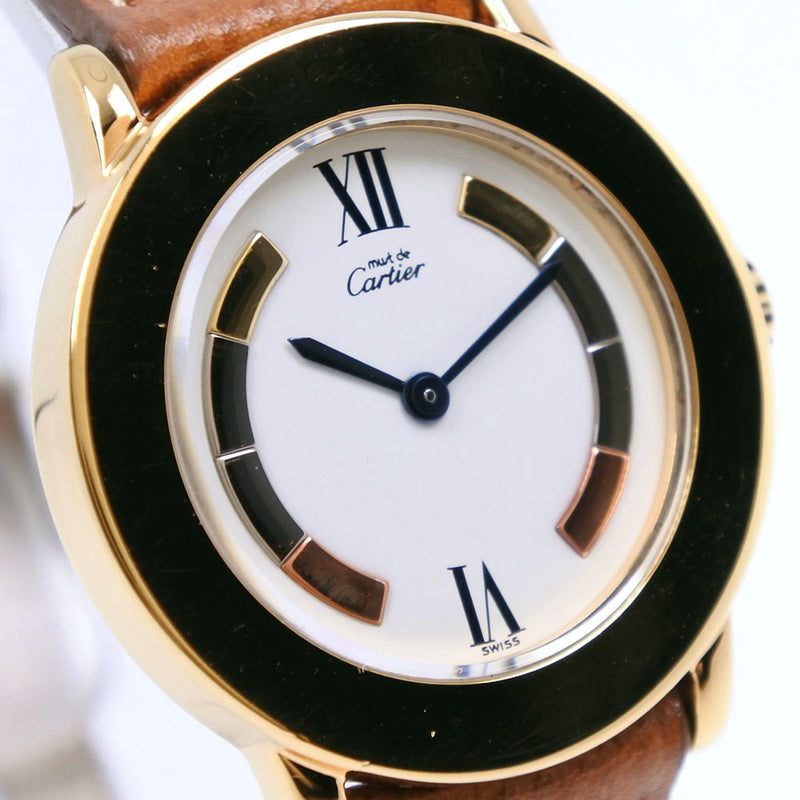 [Cartier]卡地亚必须2 Londo Silver 925 X皮革茶石英模拟显示女士白色表盘看台A级