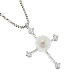 [TASAKI] Tasaki Cross 4.8mm K18 White Gold x Pearl x Diamond Silver D0.05 Engraved Ladies Necklace A+Rank